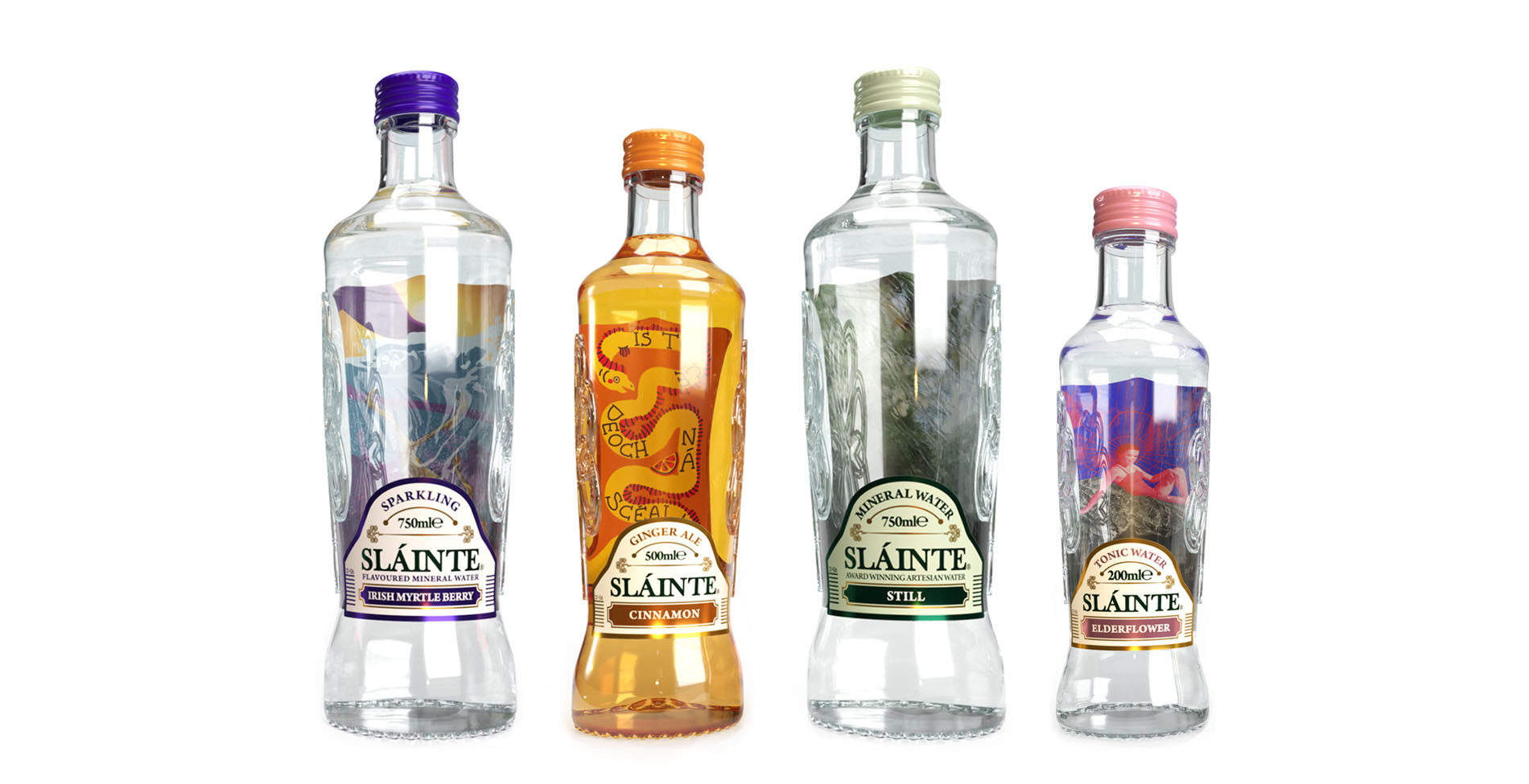 four different bottles of slainte brand water drinks
