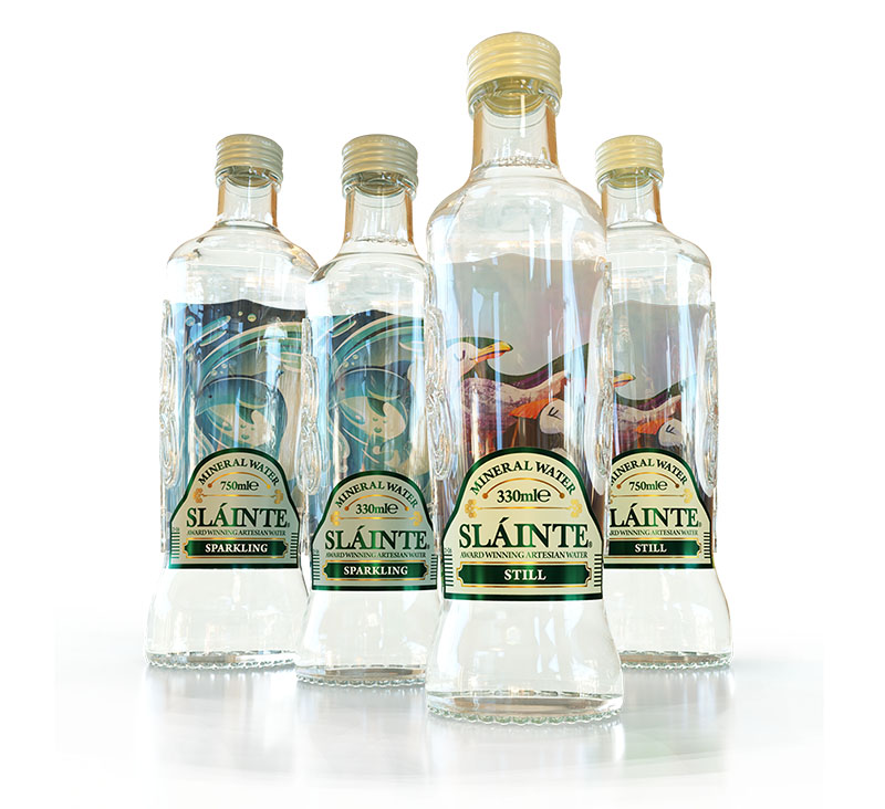 assortment of slainte mineral waters in glass bottles