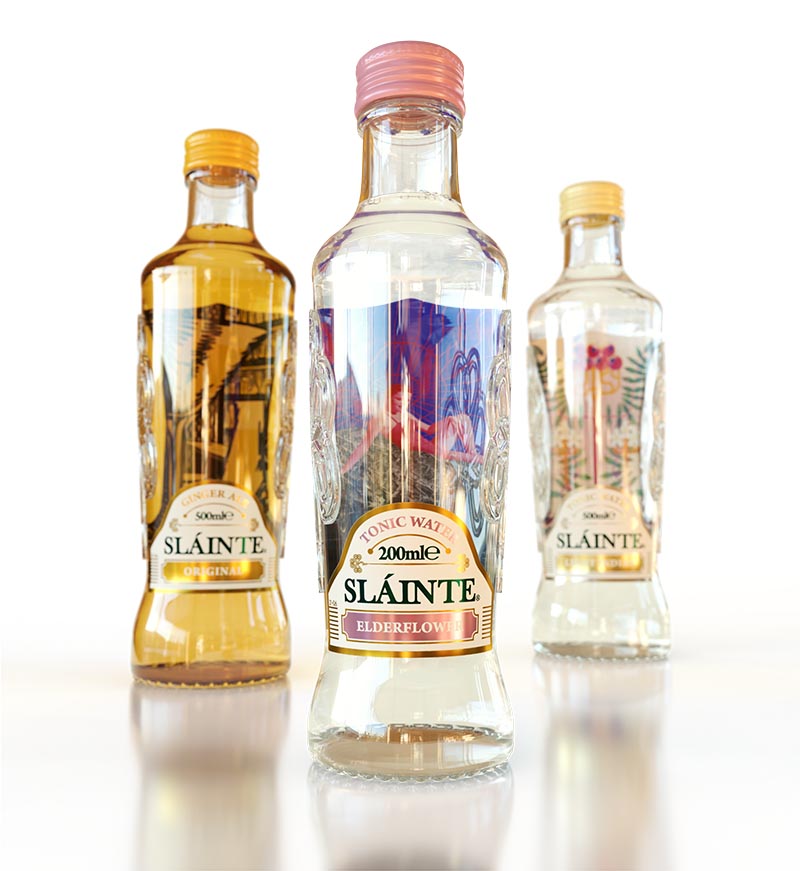 Three variations of Slainte Tonic Water in a glass bottle